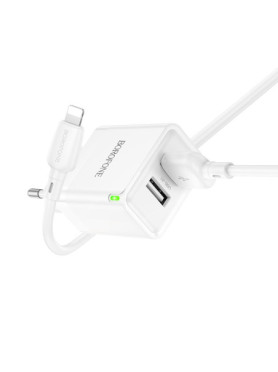 Borofone Φορτιστής με 2 Θύρες USB-A και Καλώδιο Lightning Λευκός (BN15 Strong)