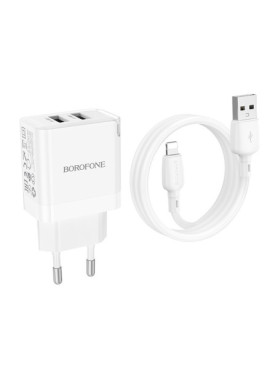 Borofone Φορτιστής με 2 Θύρες USB-A και Καλώδιο Lightning Λευκός (BN15 Strong)