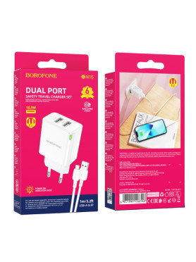 Borofone Φορτιστής με 2 Θύρες USB-A και Καλώδιο Lightning Λευκός (BN15 Strong)