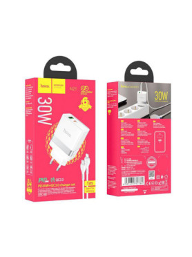 Hoco Φορτιστής με Θύρα USB-A και Θύρα USB-C και Καλώδιο USB-C - Lightning 30W Power Delivery / Quick Charge 3.0 Λευκός (N21 Tops