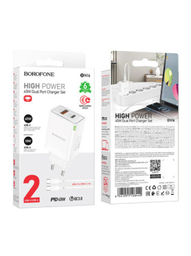 Borofone Φορτιστής Χωρίς Καλώδιο με Θύρα USB-A και Θύρα USB-C 45W Power Delivery Λευκός (BN16 Tough)