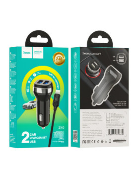 Hoco Φορτιστής Αυτοκινήτου Z40 Superior 12W 2.4A με Θύρες: 2xUSB μαζί με Καλώδιο Lightning Μαύρος