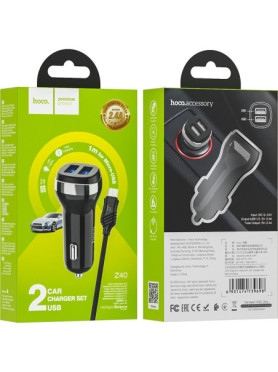 Hoco Φορτιστής Αυτοκινήτου Z40 12W με Θύρες: 2xUSB μαζί με Καλώδιο Micro-USB Μαύρος