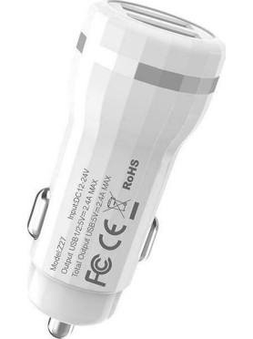 Hoco Z27 Φορτιστής Αυτοκινήτου 2.4A με Θύρες: 2xUSB μαζί με Καλώδιο Lightning Λευκός