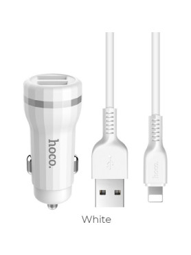 Hoco Z27 Φορτιστής Αυτοκινήτου 2.4A με Θύρες: 2xUSB μαζί με Καλώδιο Lightning Λευκός