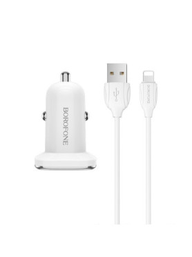 Borofone BZ12 Φορτιστής Αυτοκινήτου με Θύρες: 2xUSB μαζί με Καλώδιο Lightning / Micro-USB / Type-C Λευκός