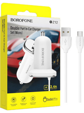 Borofone BZ12 Φορτιστής Αυτοκινήτου 2.4A με μία Θύρα: 1xUSB μαζί με Καλώδιο Micro-USB Λευκός