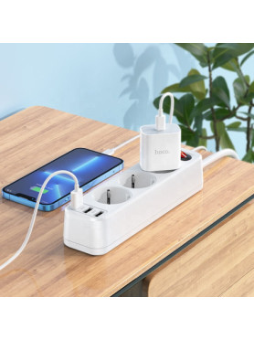 Hoco Πολύπριζο 3 Θέσεων με 3 USB-A, Διακόπτη και Καλώδιο 1.8m