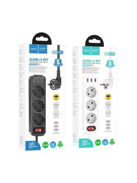 Hoco NS2 Aura Πολύπριζο 3 Θέσεων με 3 USB-A, Διακόπτη και Καλώδιο 1.8m