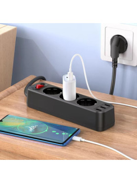 Hoco NS2 Aura Πολύπριζο 3 Θέσεων με 3 USB-A, Διακόπτη και Καλώδιο 1.8m