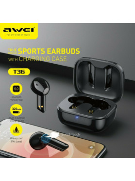 Awei T36 Earbud Bluetooth Handsfree Ακουστικά με Αντοχή στον Ιδρώτα και Θήκη Φόρτισης Μαύρα