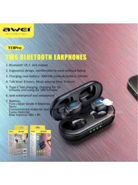 Awei T13 Pro In-ear Bluetooth Handsfree Ακουστικά με Αντοχή στον Ιδρώτα και Θήκη Φόρτισης Μαύρα