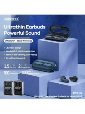 Remax TWS-29 Earbud Bluetooth Handsfree Ακουστικά με Θήκη Φόρτισης Μπλε