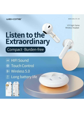 WK TWS V31 Earbud Bluetooth Handsfree Ακουστικά με Θήκη Φόρτισης Λευκά